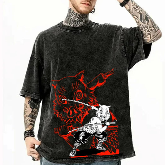 Anime Hashibira Inosuke T Shirts Vintage Washed Demon Slayer T-Shirt Oversized Streetwear Short Sleeve Kimetsu No Yaiba Tops Men