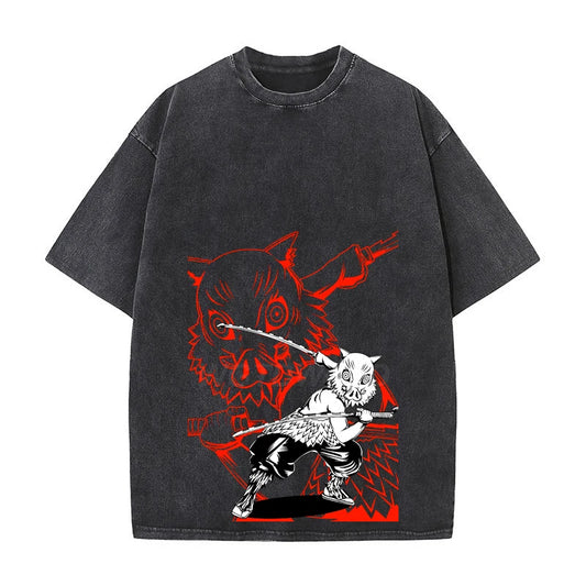 Anime Hashibira Inosuke T Shirts Vintage Washed Demon Slayer T-Shirt Oversized Streetwear Short Sleeve Kimetsu No Yaiba Tops Men